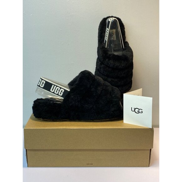 UGG Womens Fluff Yeah Slide Slippers Size 10 Black Slingback Comfy Shoes - Picture 1 of 9